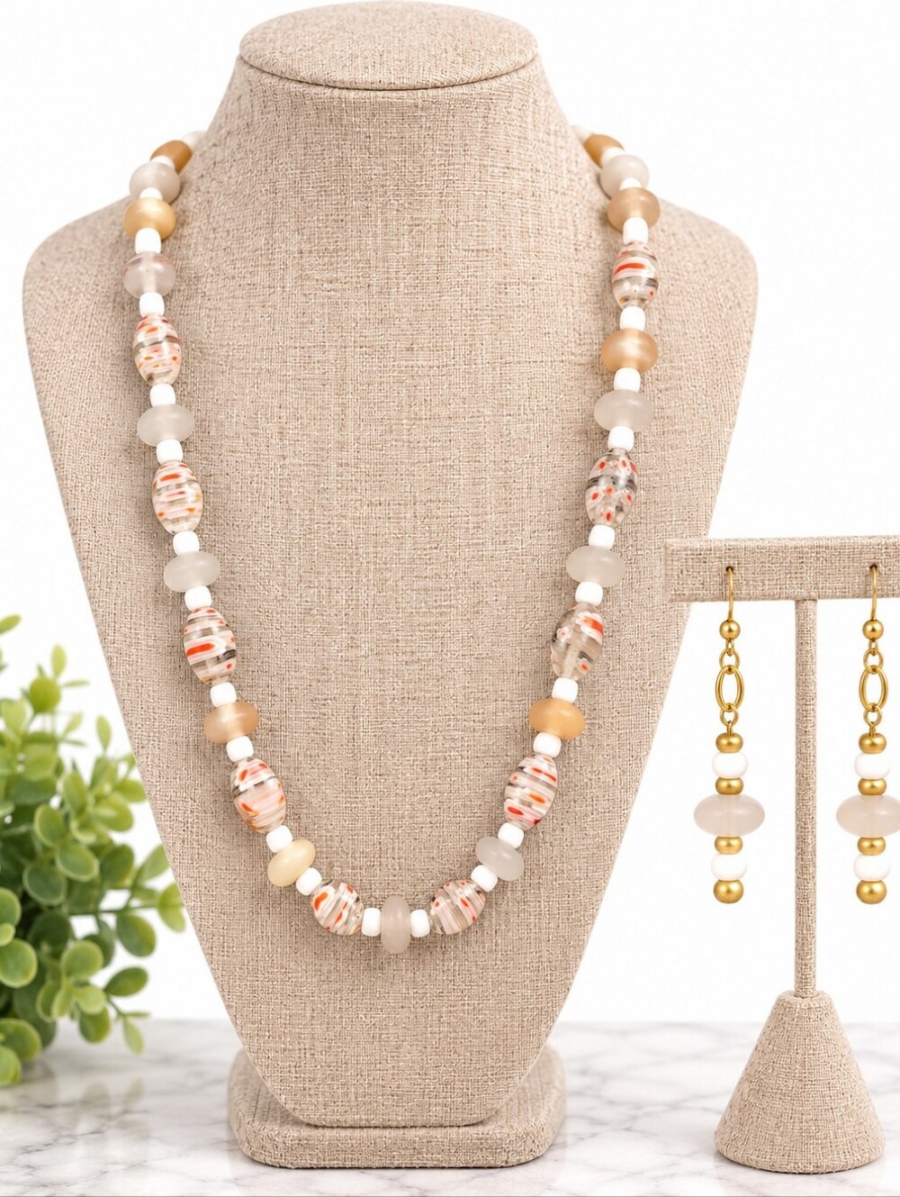 Vintage Beaded Magnetic Clasp Necklace & Earrings Set | Neutral Art Glass